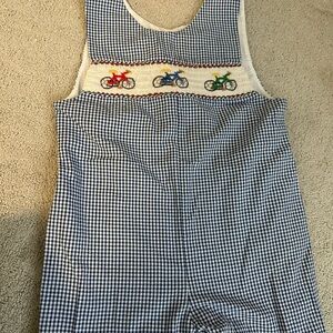 Blue Gingham Jumper with Bicycle Embroidery